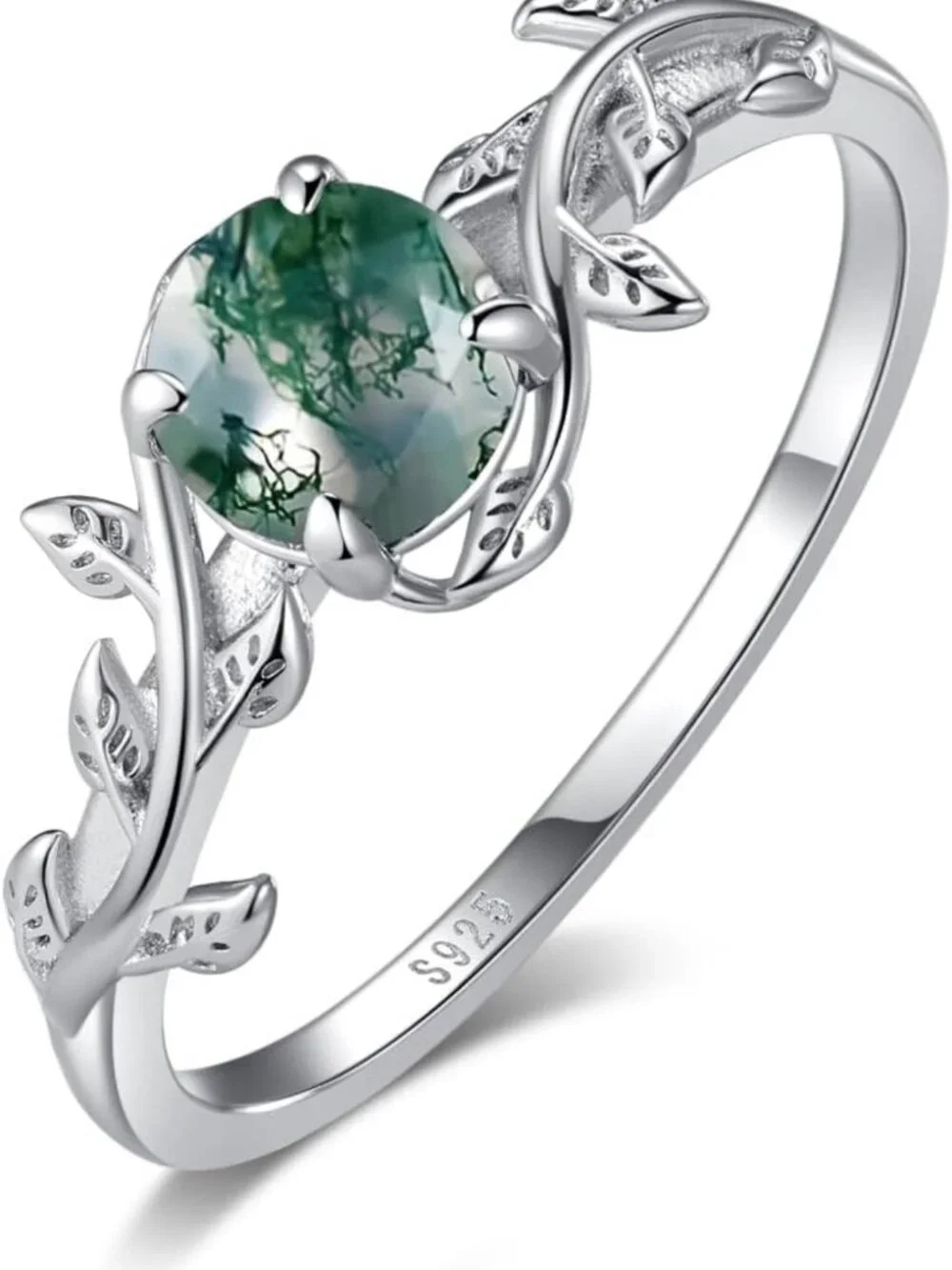 Natural Moss Agate 925 Sterling Silver Leaf Ring - Unique Engagement & Promise